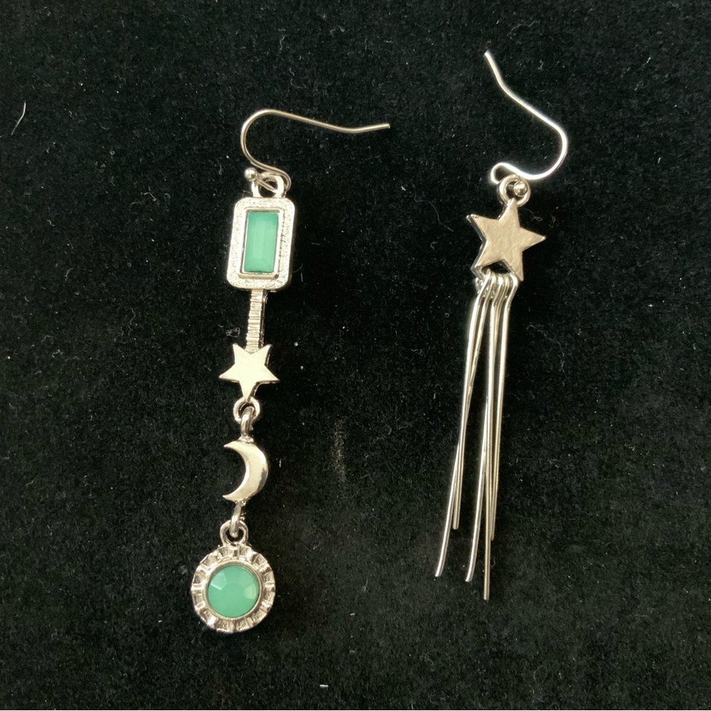Silver and Green Star and Moon Earrings